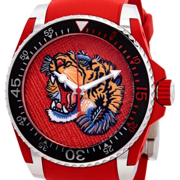 GUCCI Dive, Limited Edition Tiger Head Dial with a Red Rubber Band NEW YA136315 - Picture 1 of 6